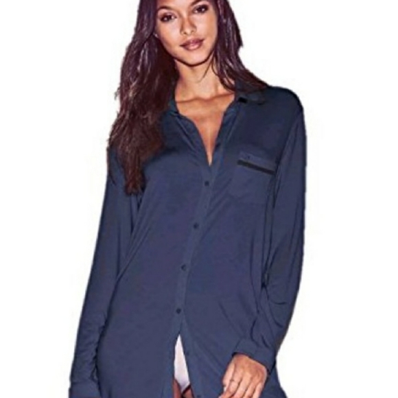 Victoria's Secret Other - Victoria’s Secret Navy Black Button Down Sleep Shirt Dress Nightgown Modal VS